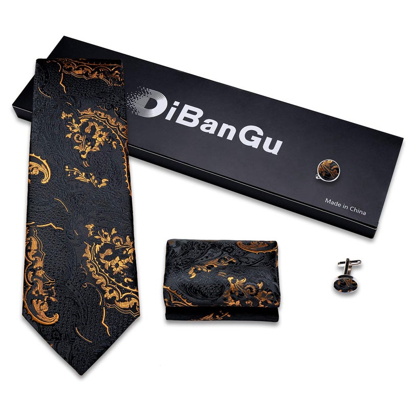 DiBanGu Mens Tie Set Silk Solid Paisley Necktie and Pocket Square Cufflinks Classic Formal Ties for Men Wedding Party, Black Gold - Image 4